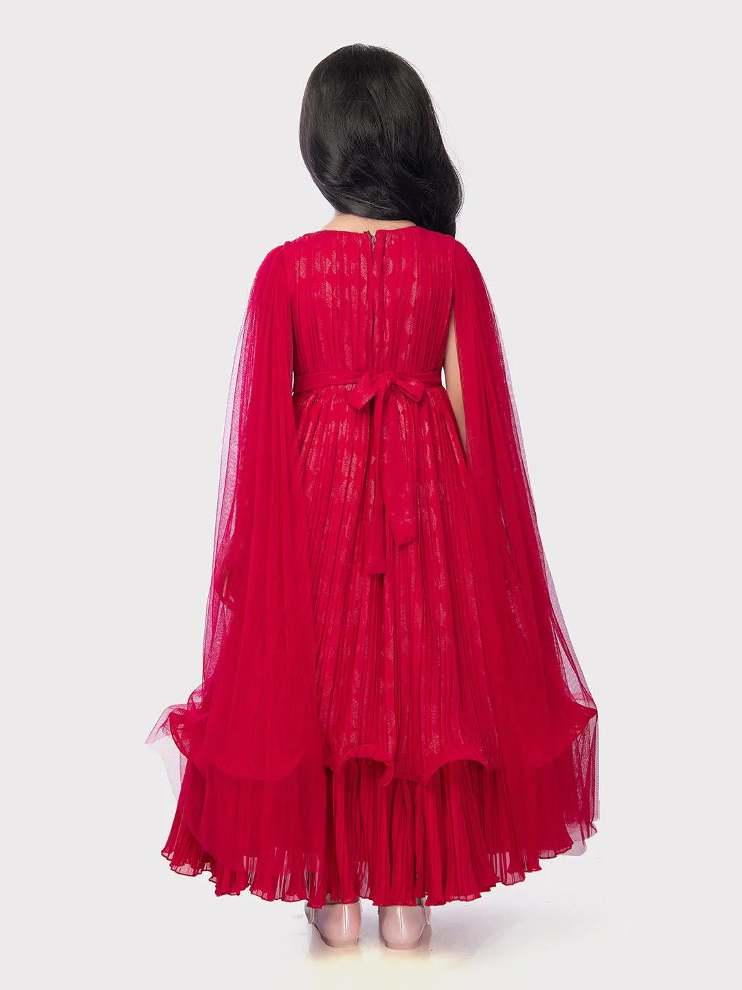 Cape Style Gowns For Girls / Fancy Sleeves Rani Coloured Gowns For Girls / Party Wear Gowns