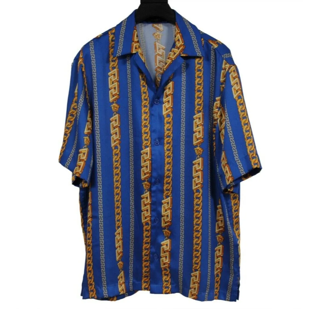 Chain Link Bowling Shirt Medium IT 48 Blue Gold Silk Short Sleeve