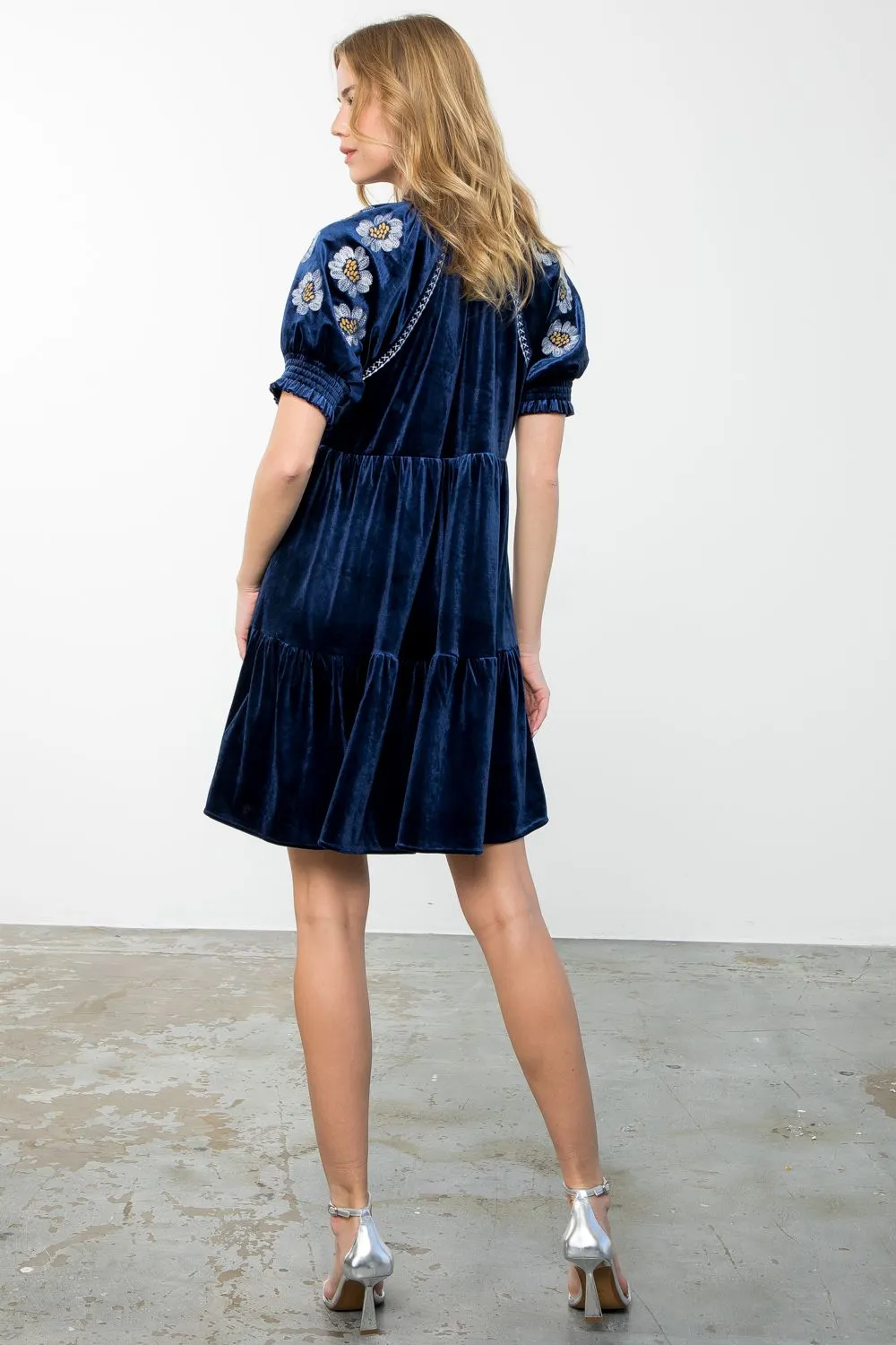 Cobalt Embroidered Velvet Dress-THML