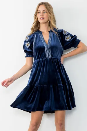 Cobalt Embroidered Velvet Dress-THML
