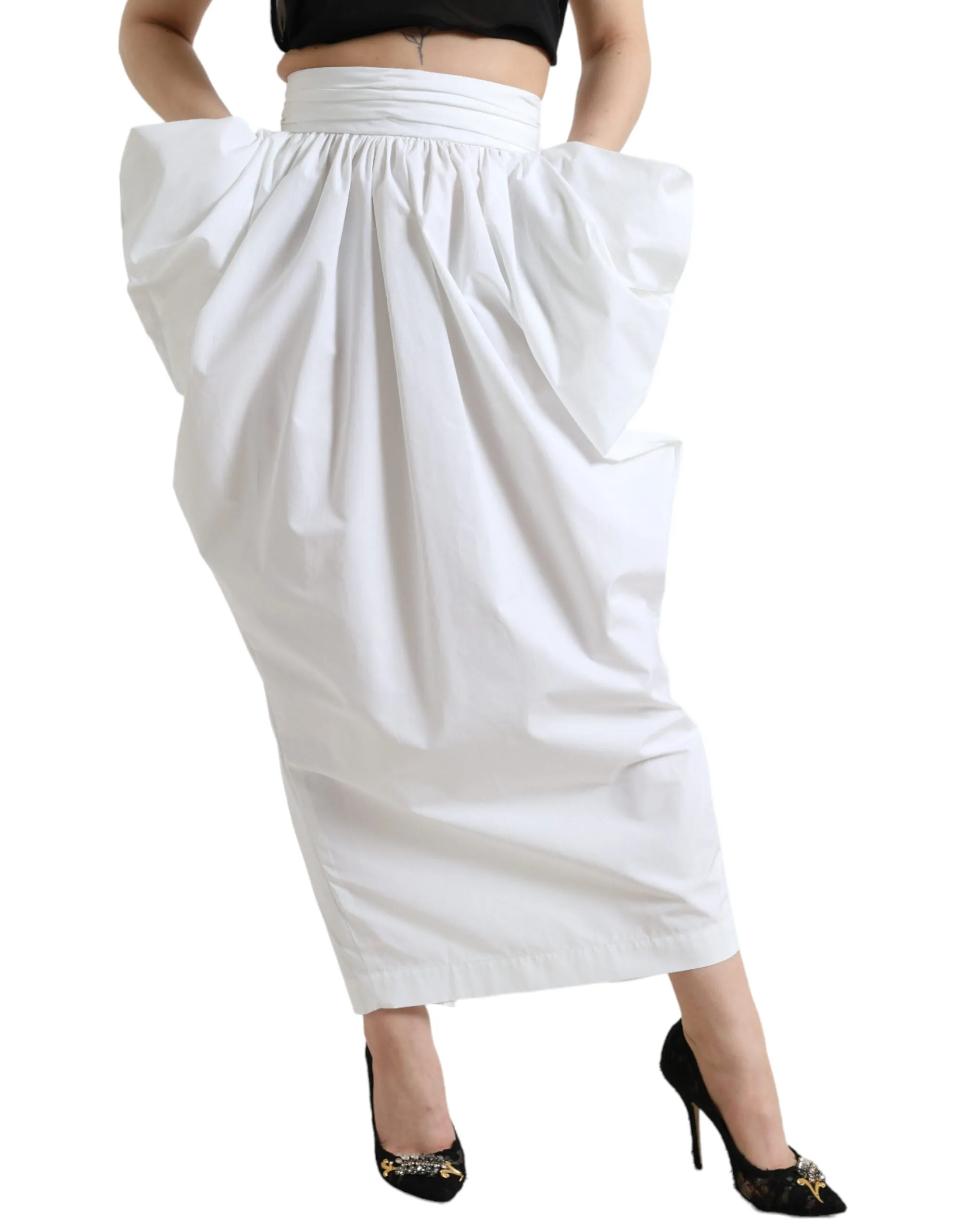 Dolce & Gabbana White Cotton High Waist Pencil Cut Maxi Skirt