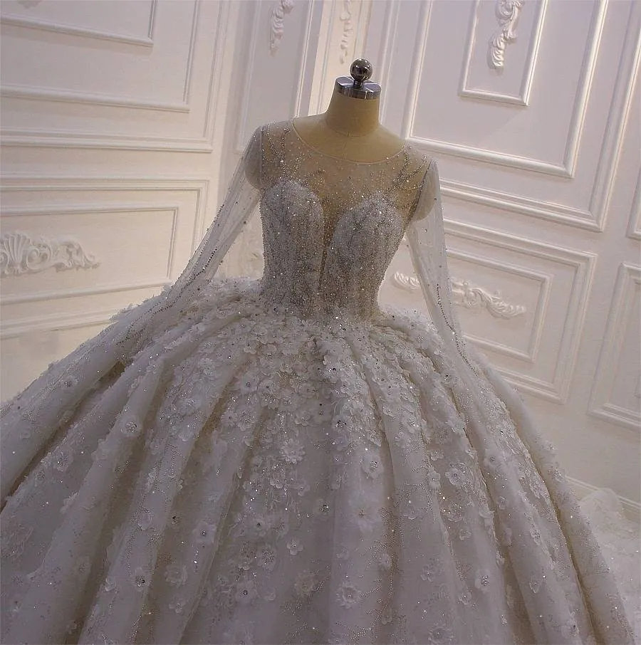 Dreamy Floral Lace Ballgown Wedding Dress with 3D Appliqué Details Long Sleeve