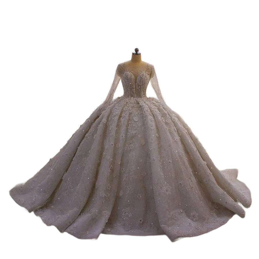 Dreamy Floral Lace Ballgown Wedding Dress with 3D Appliqué Details Long Sleeve