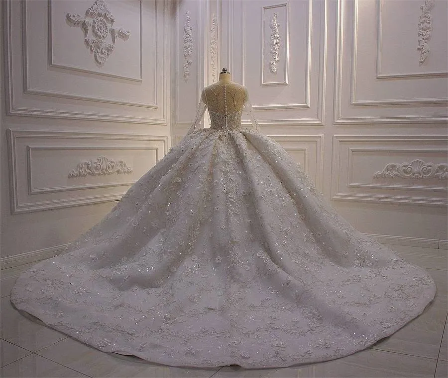 Dreamy Floral Lace Ballgown Wedding Dress with 3D Appliqué Details Long Sleeve