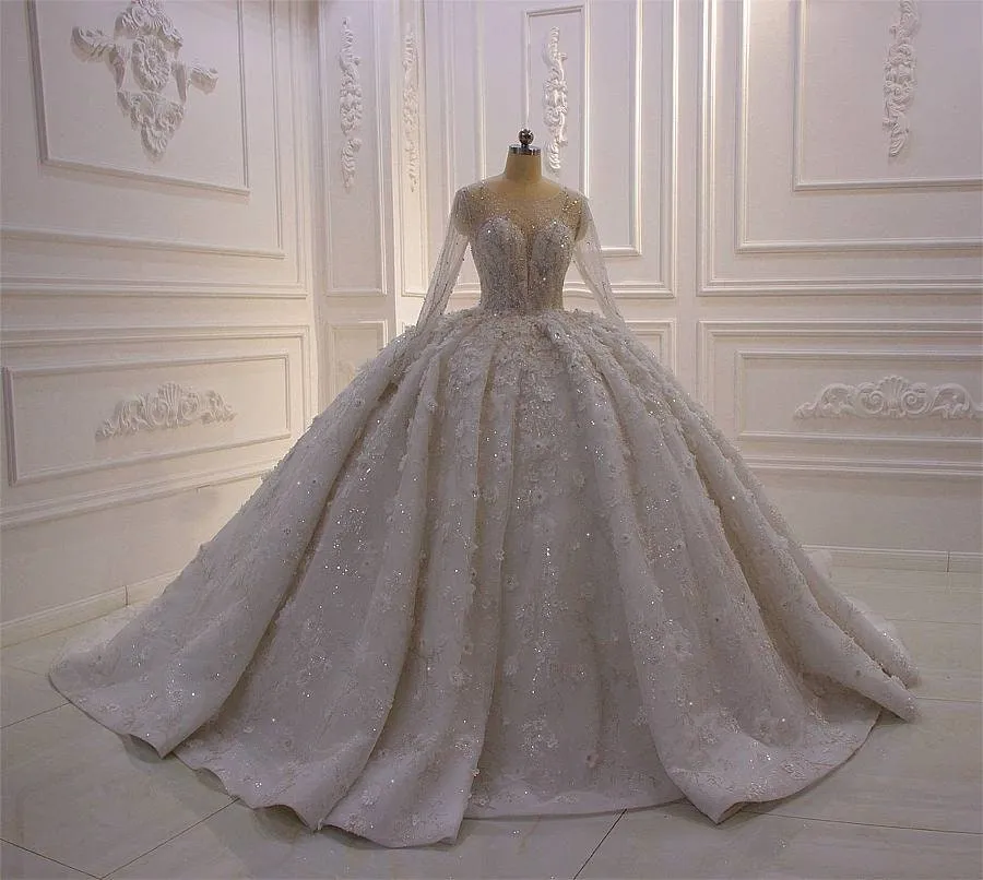 Dreamy Floral Lace Ballgown Wedding Dress with 3D Appliqué Details Long Sleeve