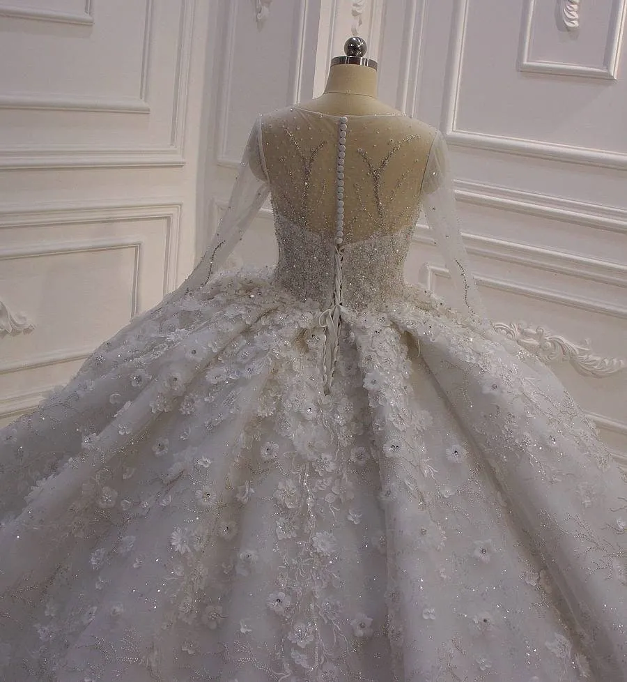 Dreamy Floral Lace Ballgown Wedding Dress with 3D Appliqué Details Long Sleeve