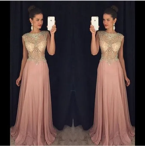 dusty pink prom dresses long cap sleeve beaded crystals chiffon a line cheap prom gowns robe de soiree