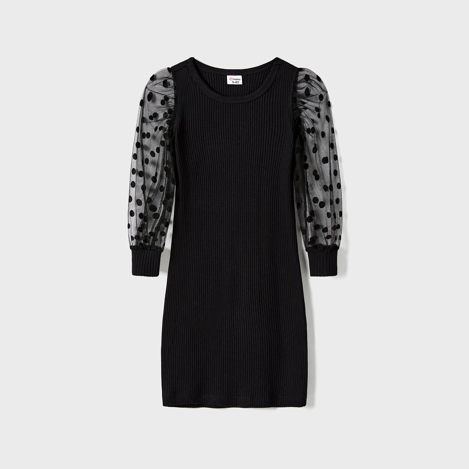 Family Matching black  dot dresses and Long-sleeve Colorblock Tops Sets
