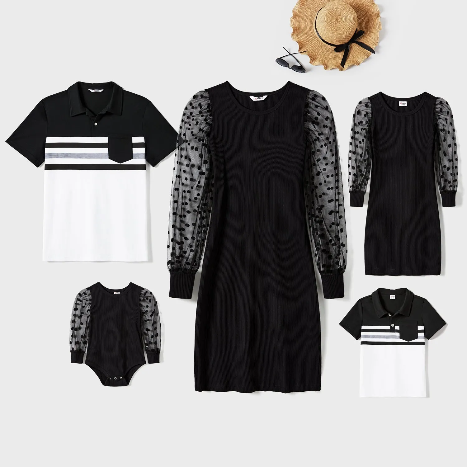 Family Matching black  dot dresses and Long-sleeve Colorblock Tops Sets