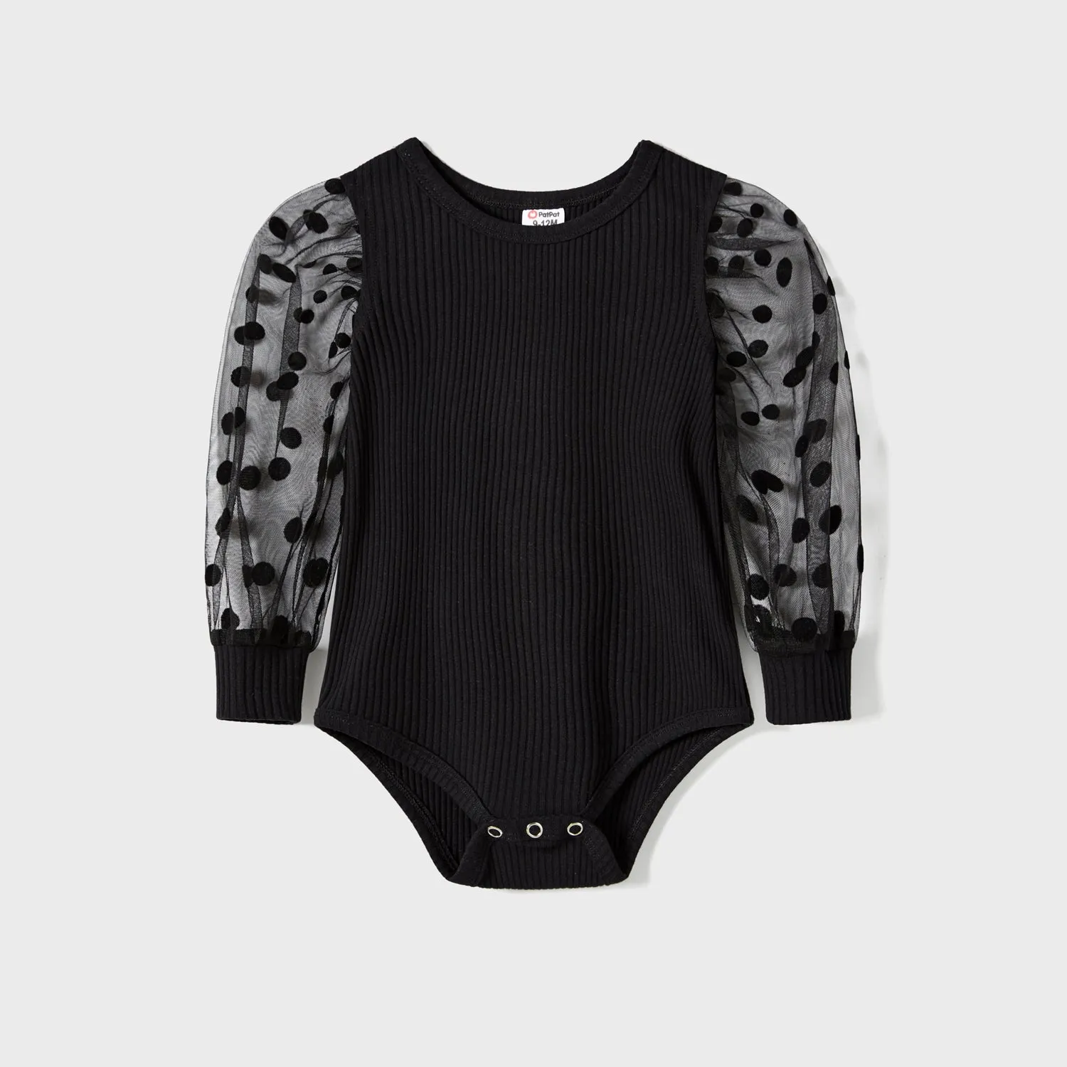 Family Matching black  dot dresses and Long-sleeve Colorblock Tops Sets