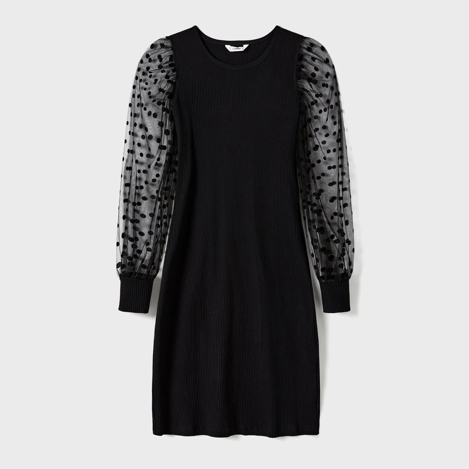 Family Matching black  dot dresses and Long-sleeve Colorblock Tops Sets