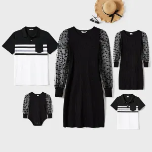 Family Matching black  dot dresses and Long-sleeve Colorblock Tops Sets