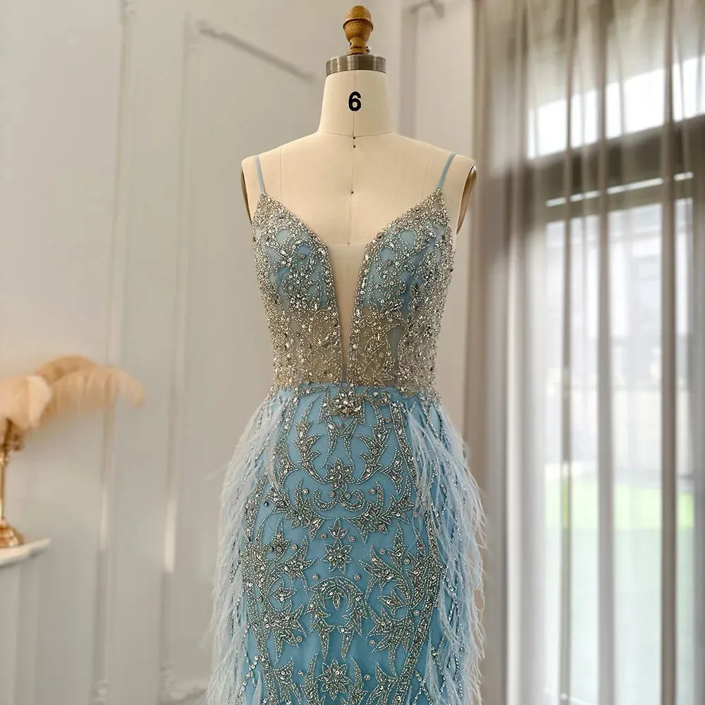 Feathers Mermaid Spaghetti Straps Prom Formal Gowns