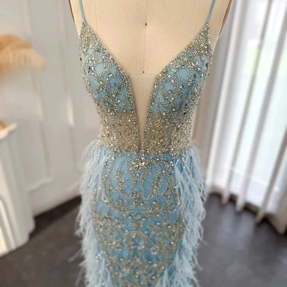 Feathers Mermaid Spaghetti Straps Prom Formal Gowns