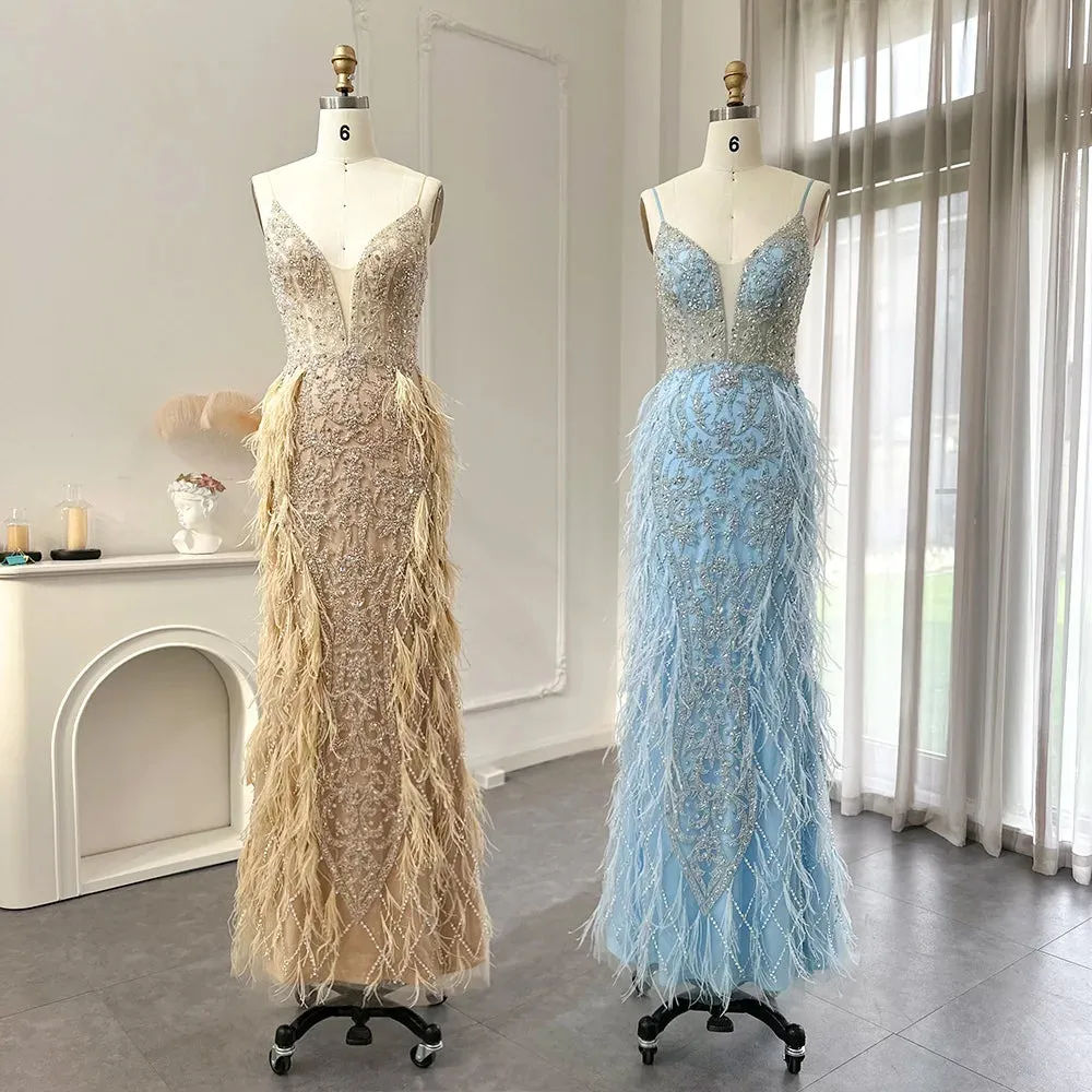Feathers Mermaid Spaghetti Straps Prom Formal Gowns