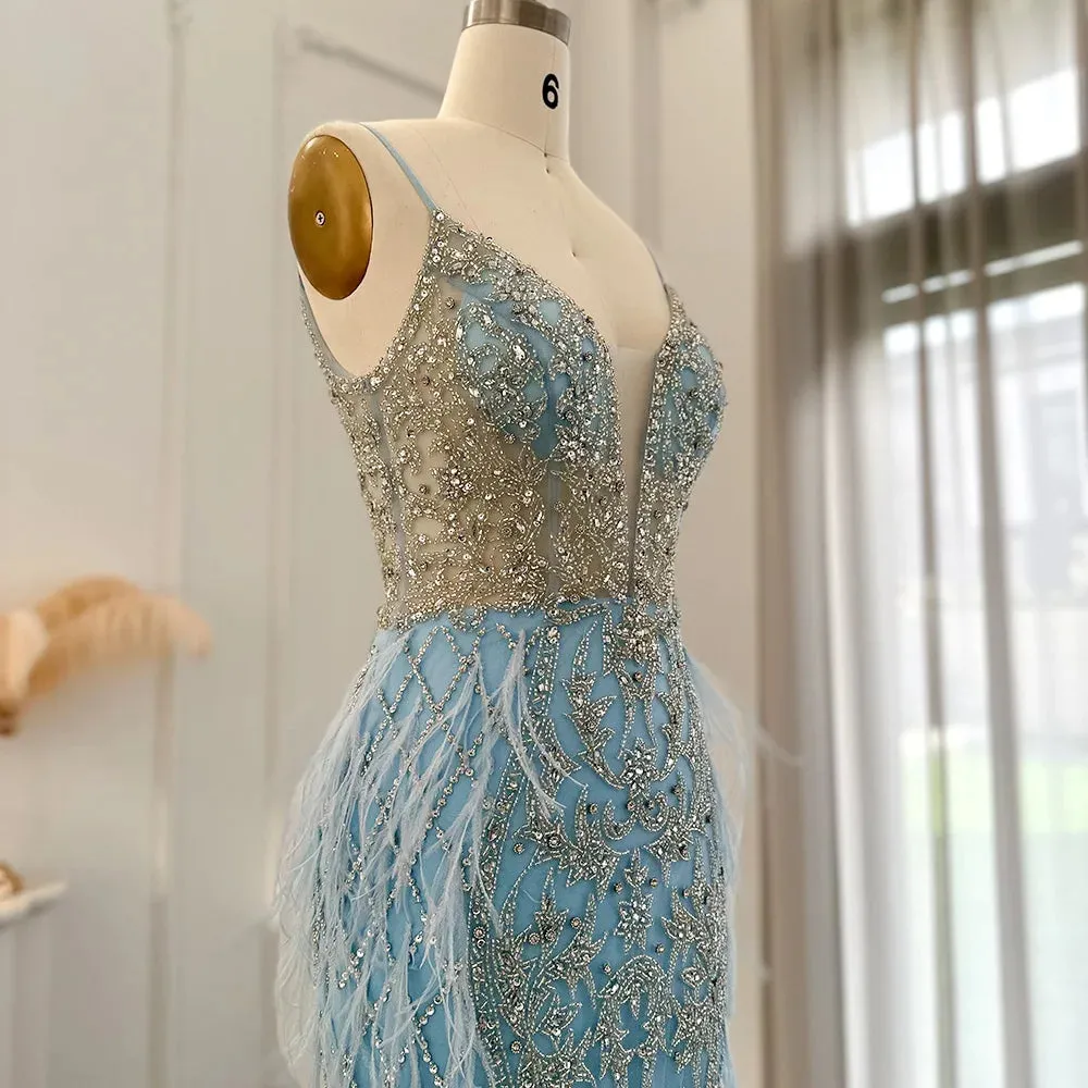 Feathers Mermaid Spaghetti Straps Prom Formal Gowns