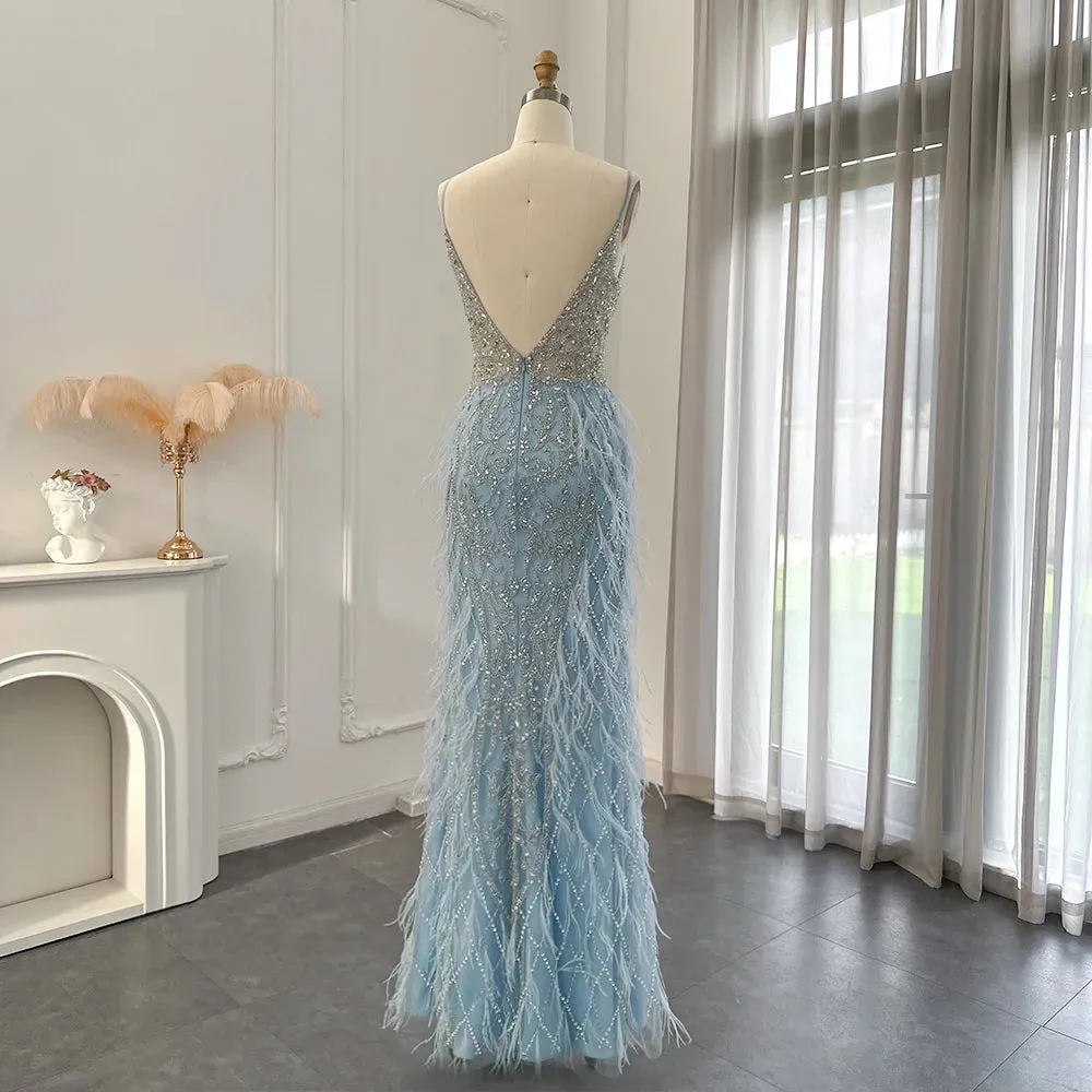 Feathers Mermaid Spaghetti Straps Prom Formal Gowns