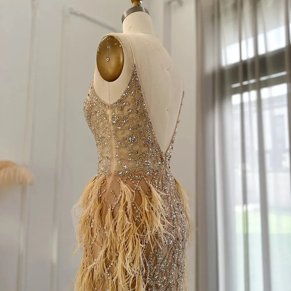 Feathers Mermaid Spaghetti Straps Prom Formal Gowns