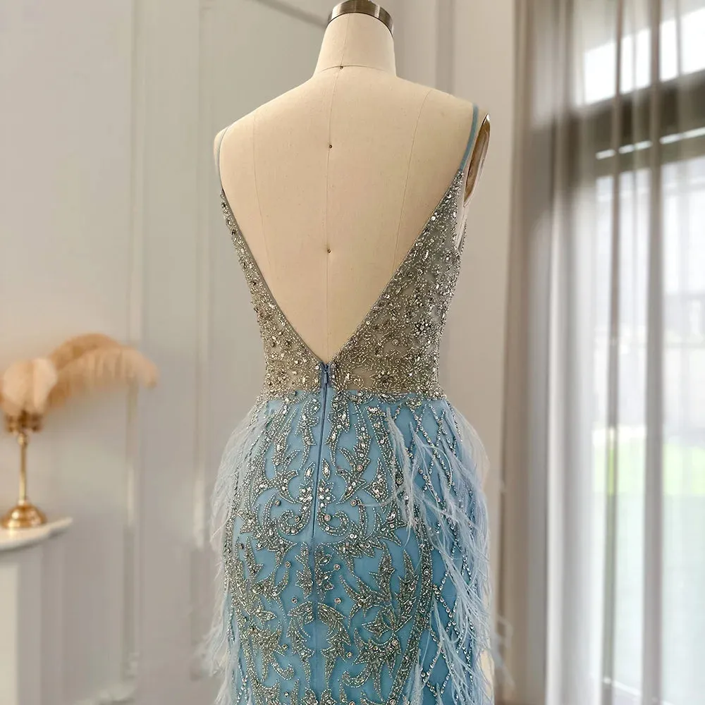 Feathers Mermaid Spaghetti Straps Prom Formal Gowns