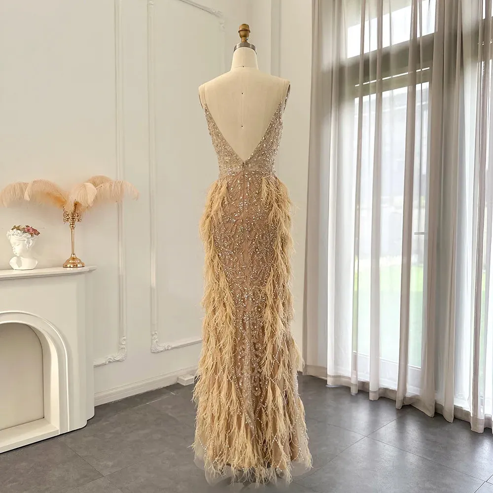Feathers Mermaid Spaghetti Straps Prom Formal Gowns