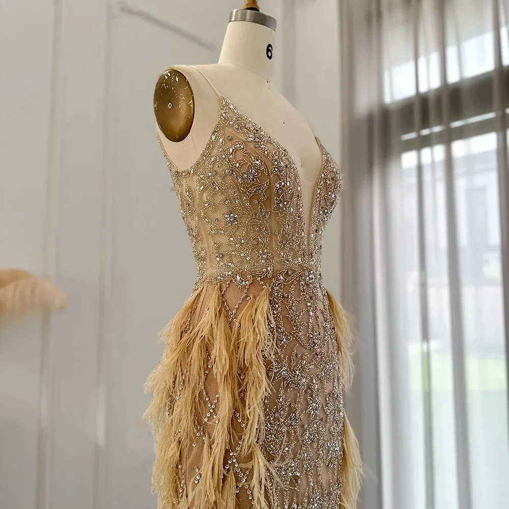 Feathers Mermaid Spaghetti Straps Prom Formal Gowns