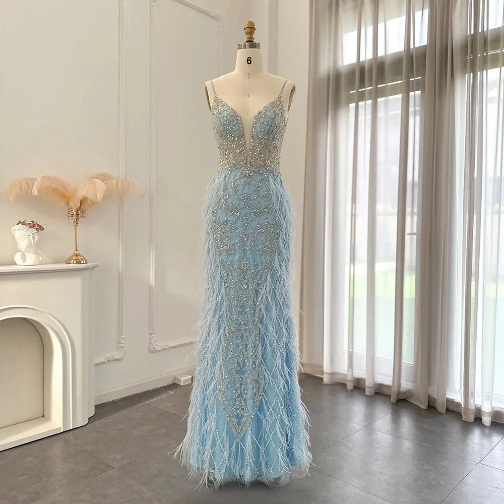 Feathers Mermaid Spaghetti Straps Prom Formal Gowns