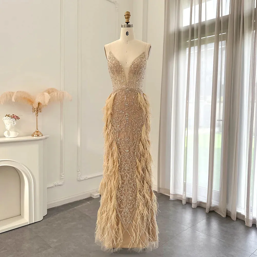 Feathers Mermaid Spaghetti Straps Prom Formal Gowns