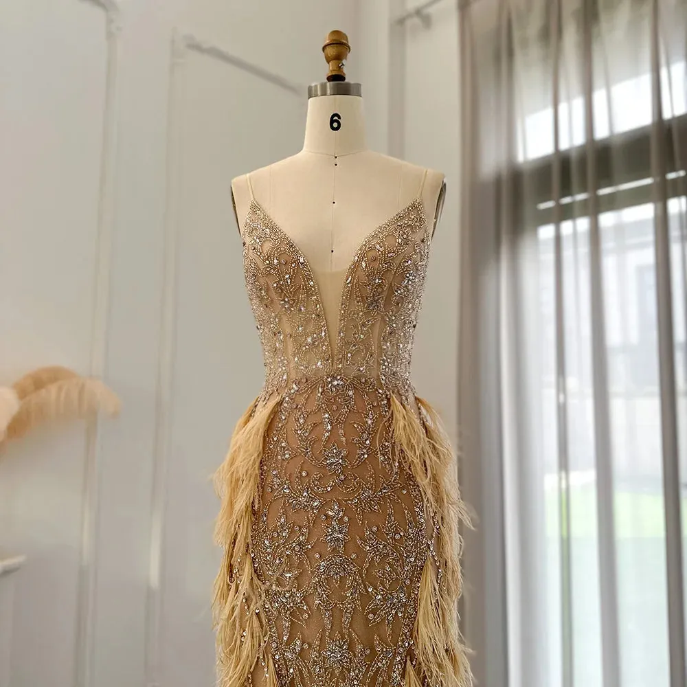 Feathers Mermaid Spaghetti Straps Prom Formal Gowns