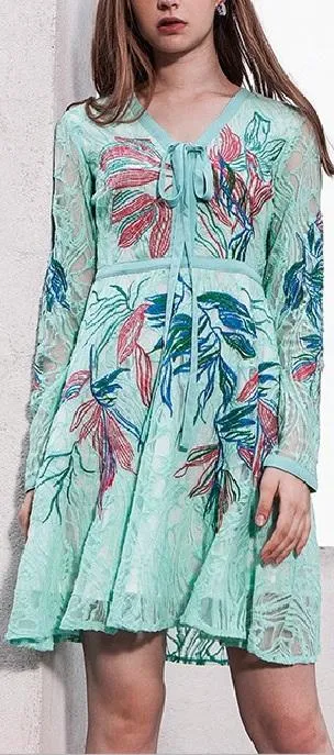 Floral Embroidered Green Mini Dress