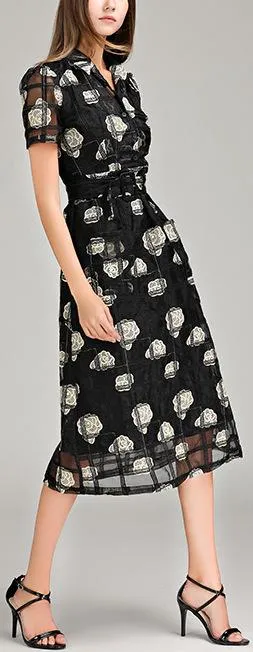 Floral-Embroidered Lattice Mesh Dress