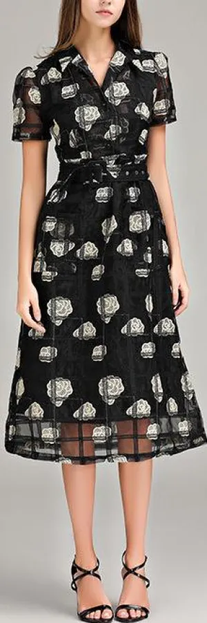 Floral-Embroidered Lattice Mesh Dress