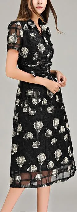 Floral-Embroidered Lattice Mesh Dress