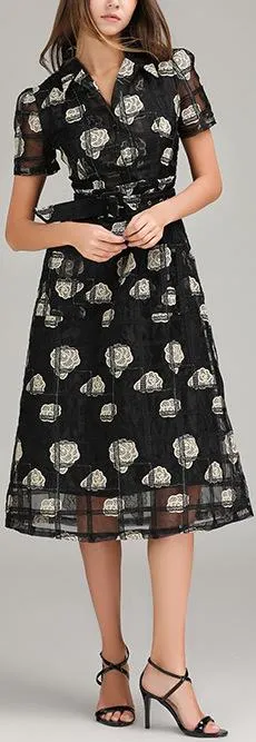 Floral-Embroidered Lattice Mesh Dress