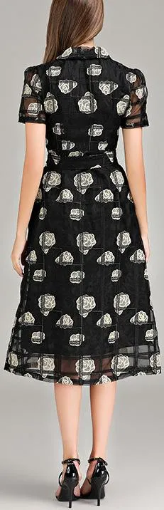 Floral-Embroidered Lattice Mesh Dress
