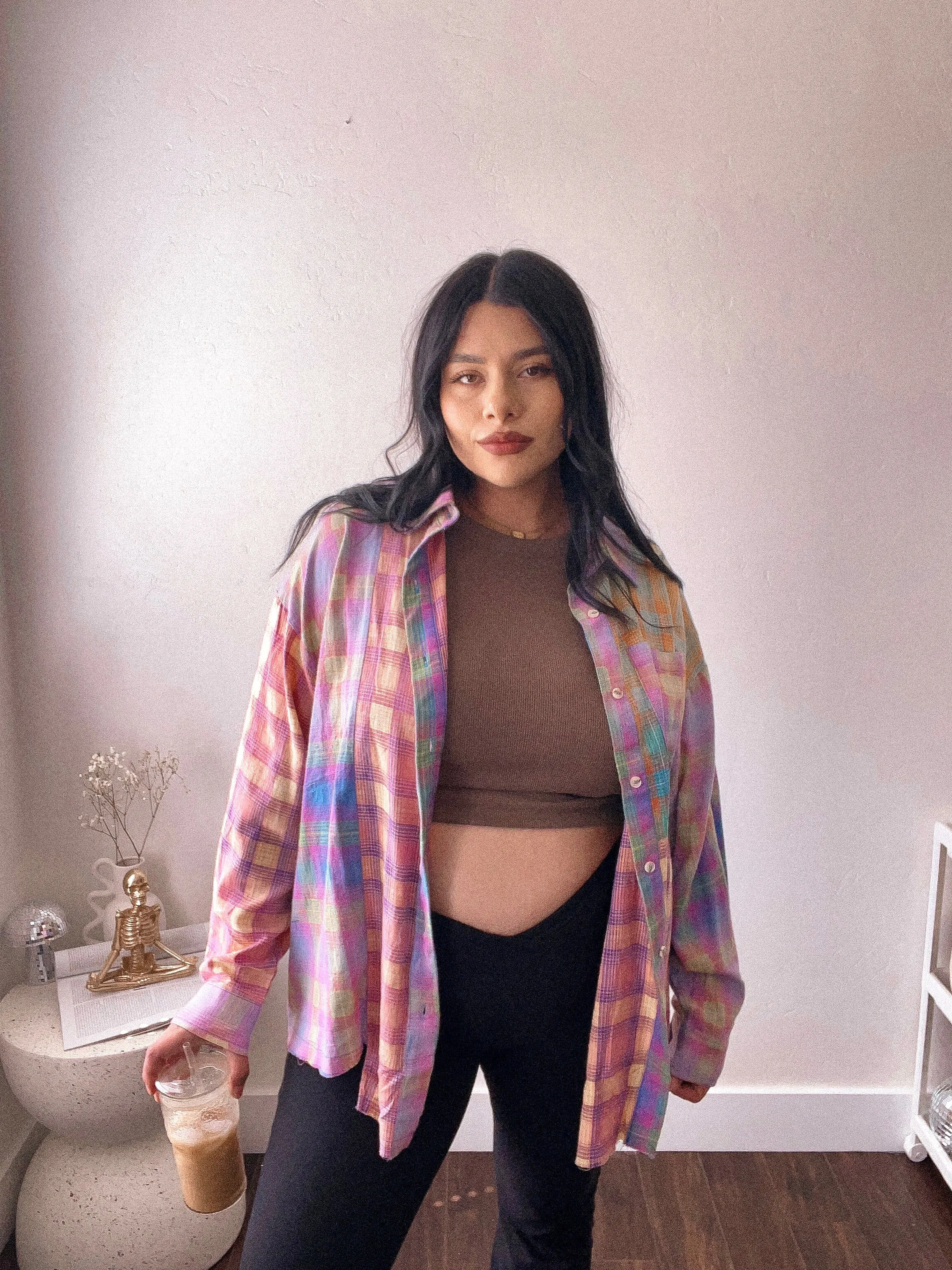 Happy camper oversized bleached plaid flannel shirt *S-XL*