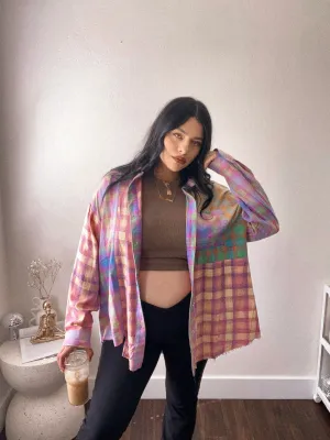Happy camper oversized bleached plaid flannel shirt *S-XL*