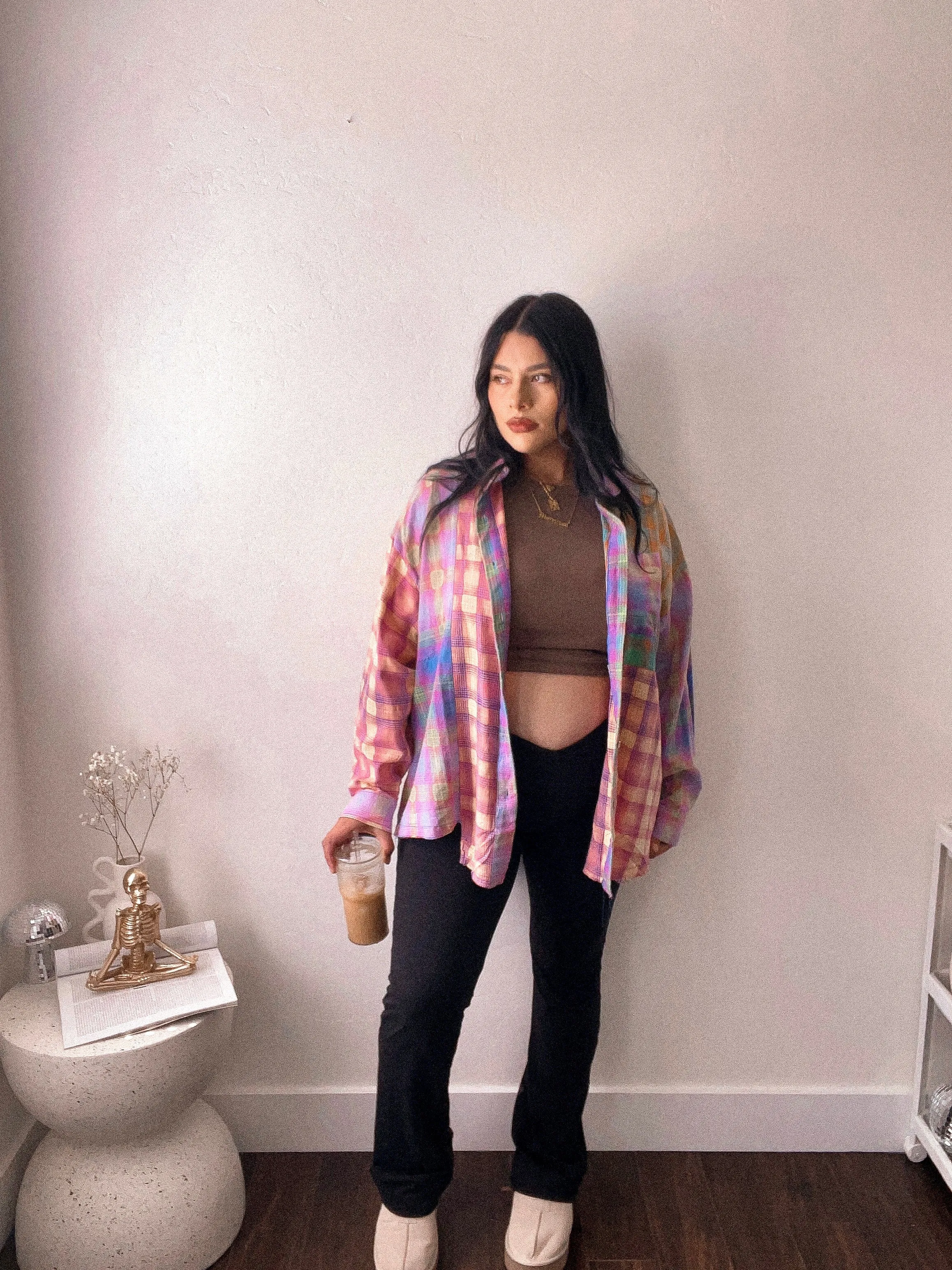 Happy camper oversized bleached plaid flannel shirt *S-XL*