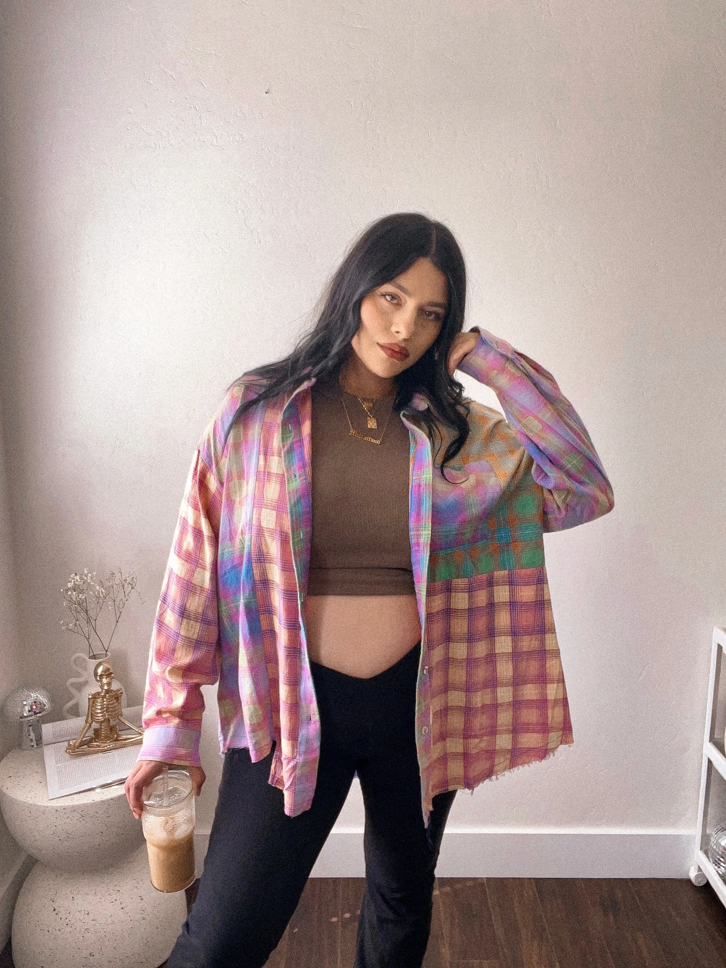 Happy camper oversized bleached plaid flannel shirt *S-XL*