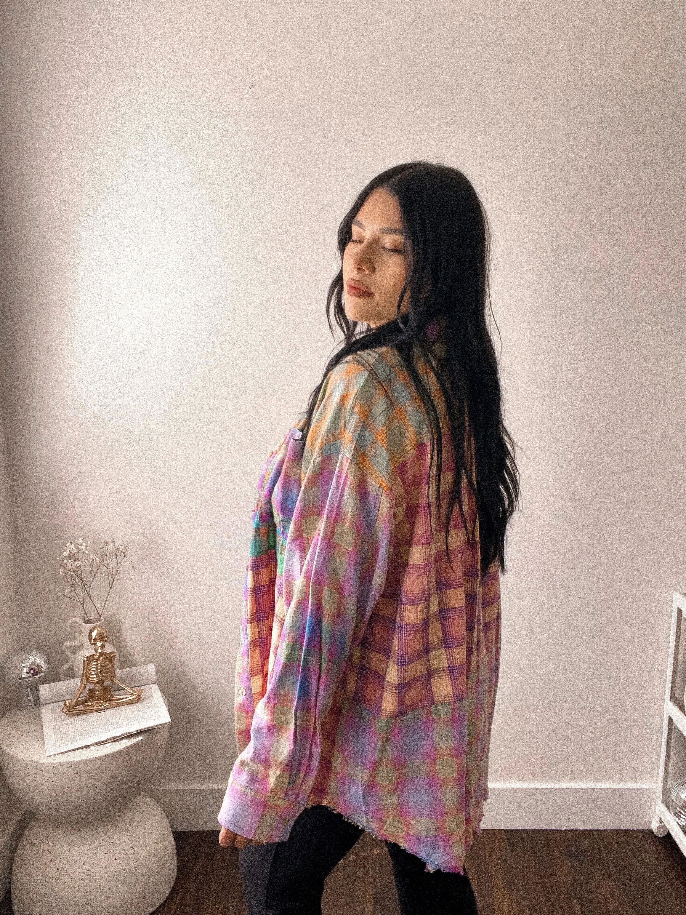 Happy camper oversized bleached plaid flannel shirt *S-XL*