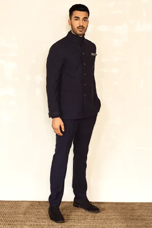 Knitted Sleeves Bandhgala Jacket with Polo Neck T-shirt & Blue Trousers