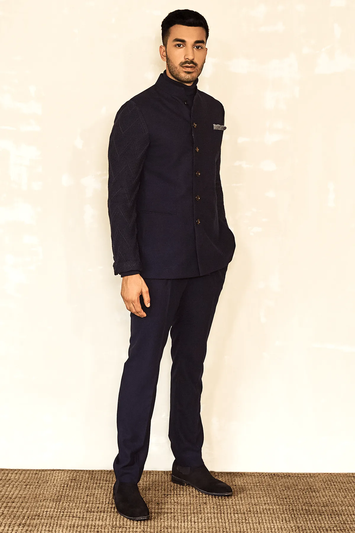 Knitted Sleeves Bandhgala Jacket with Polo Neck T-shirt & Blue Trousers