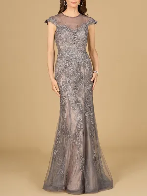 Lara 29134 - Sheath Lace Gown with Cap Sleeves
