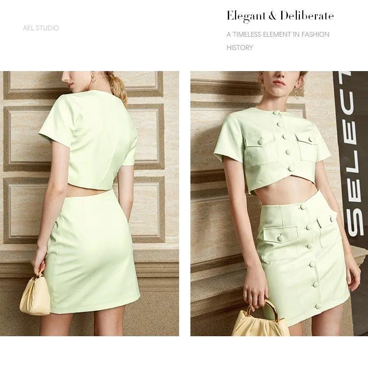 light pastel green Crop blazer Top    High Waist Mini two piece Skirt suit set - Rowq