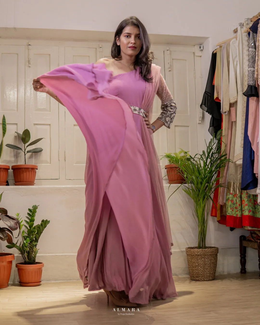 Lilac One Shoulder Gown with Belt