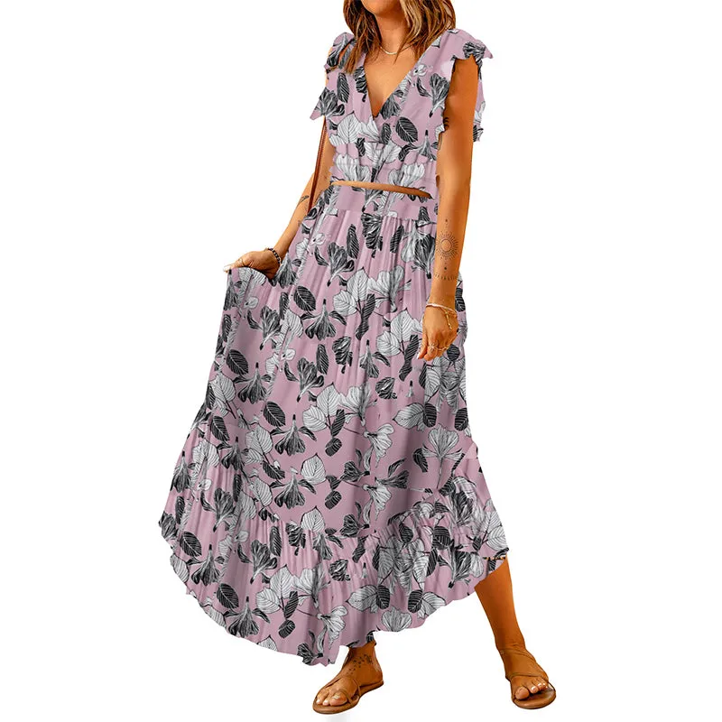 Lotus Leaf Print Crop V-Neck Top   Ruffled Hem Maxi Skirt Two-Piece Set