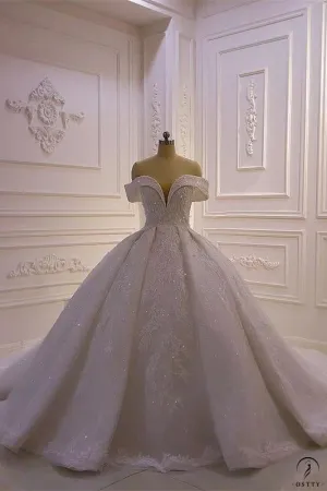 Luxury beading Appliques Short Sleeve Wedding Dress With Train