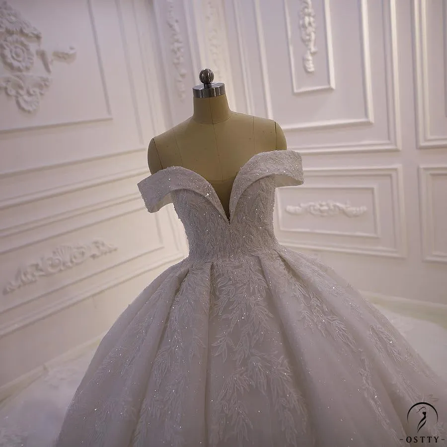 Luxury beading Appliques Short Sleeve Wedding Dress With Train