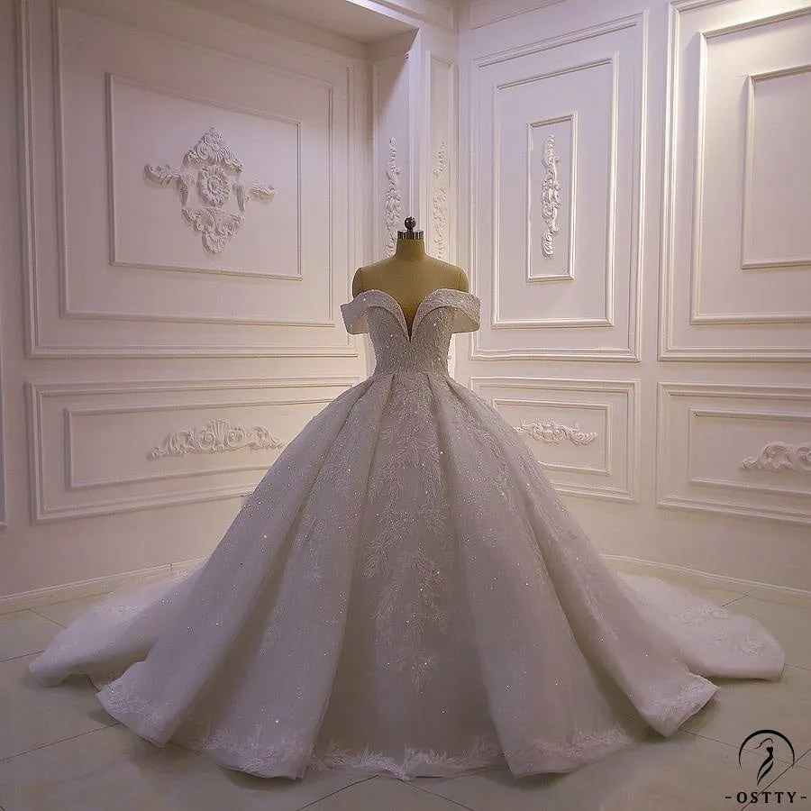 Luxury beading Appliques Short Sleeve Wedding Dress With Train