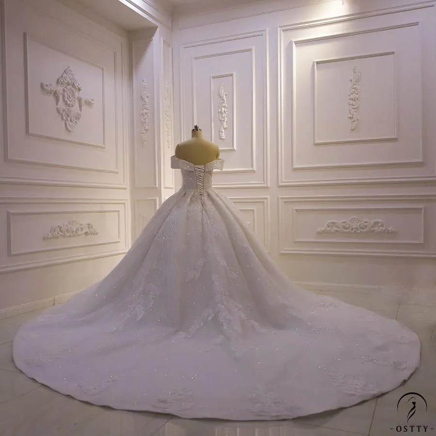 Luxury beading Appliques Short Sleeve Wedding Dress With Train