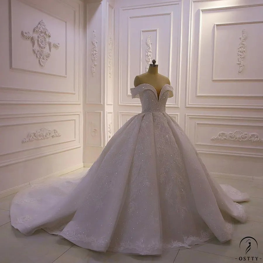 Luxury beading Appliques Short Sleeve Wedding Dress With Train